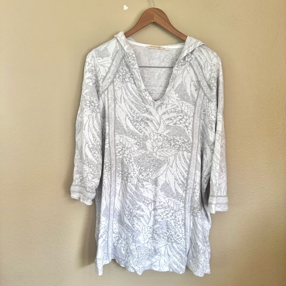 Soft Surroundings Soft Knit V-Neck Floral Pullover Hoodie White Gray Size 1X - Picture 2 of 6